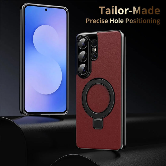 For Samsung Galaxy S26 Ultra Magnetic Case PC PU Leather Cover with 360° Rotating Kickstand + Tempered Glass Screen Protector - Red - 4