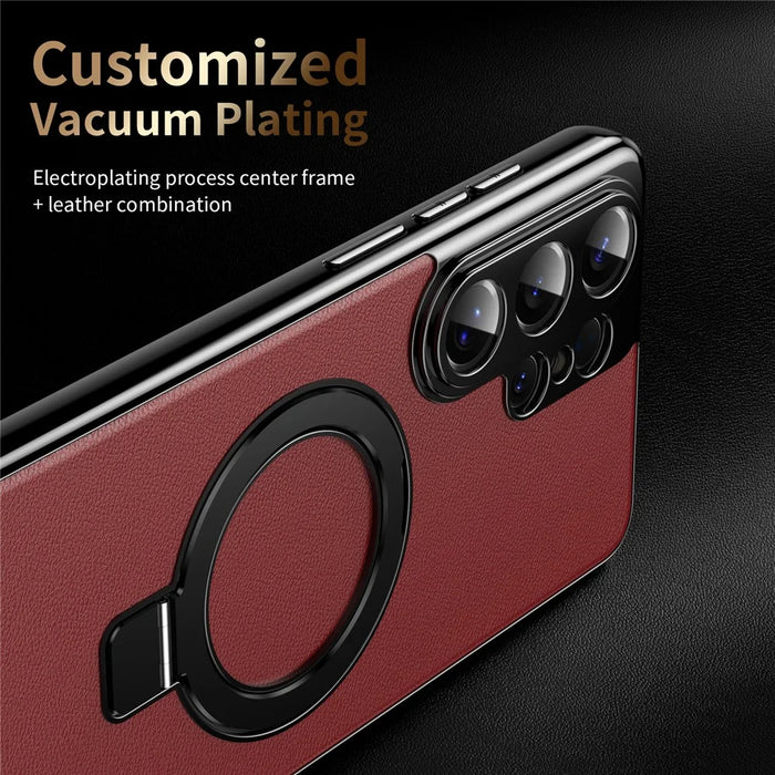For Samsung Galaxy S26 Ultra Magnetic Case PC PU Leather Cover with 360° Rotating Kickstand + Tempered Glass Screen Protector - Red - 5