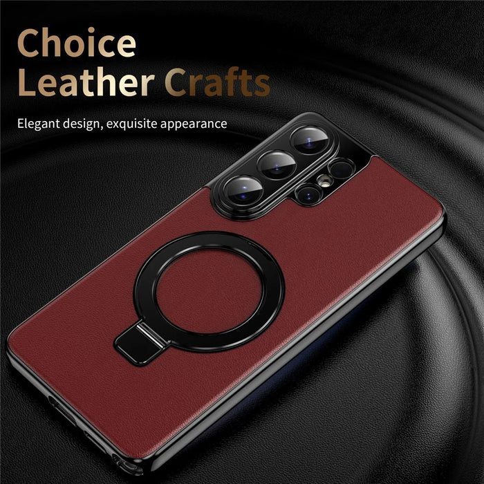 For Samsung Galaxy S26 Ultra Magnetic Case PC PU Leather Cover with 360° Rotating Kickstand + Tempered Glass Screen Protector - Red - 6