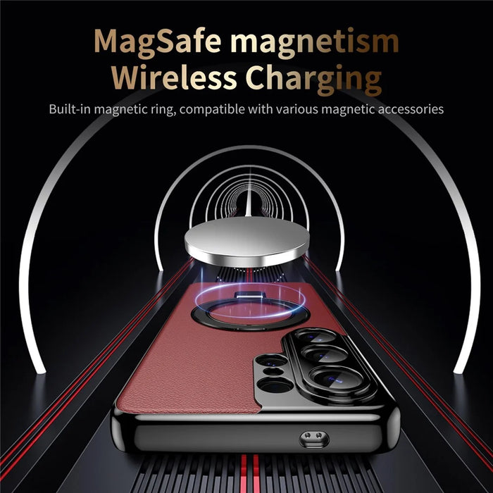 For Samsung Galaxy S26 Ultra Magnetic Case PC PU Leather Cover with 360° Rotating Kickstand + Tempered Glass Screen Protector - Red - 7