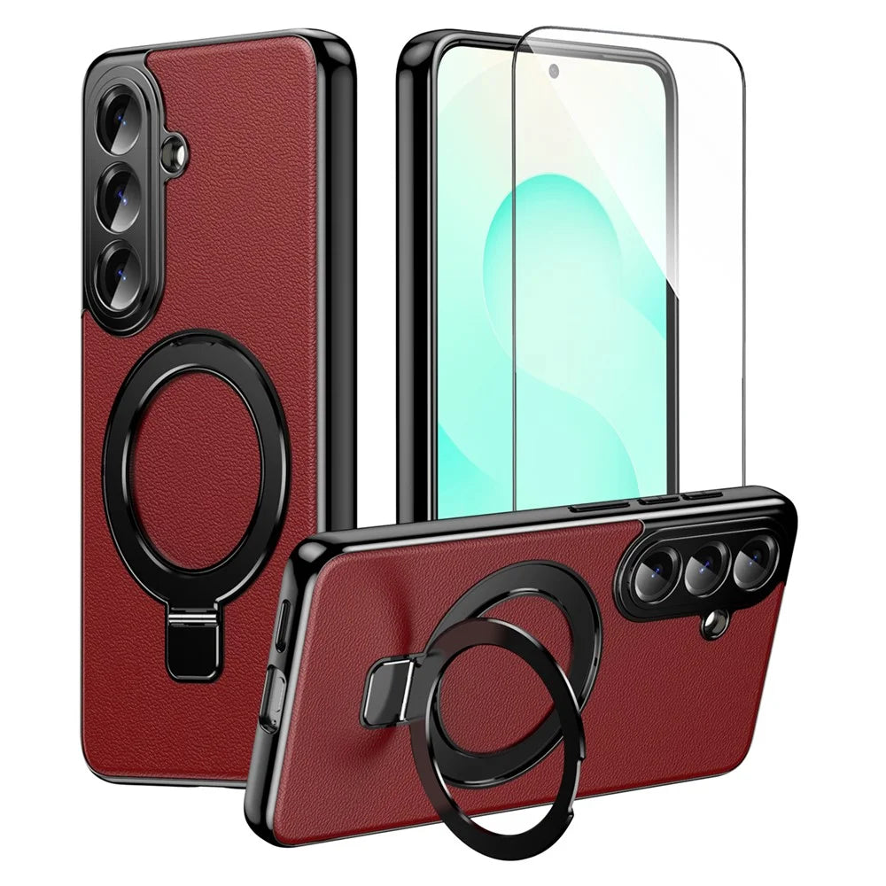 For Samsung Galaxy S26+ Magnetic Case PC PU Leather Cover with 360° Rotating Kickstand + Tempered Glass Screen Protector - Red - 1