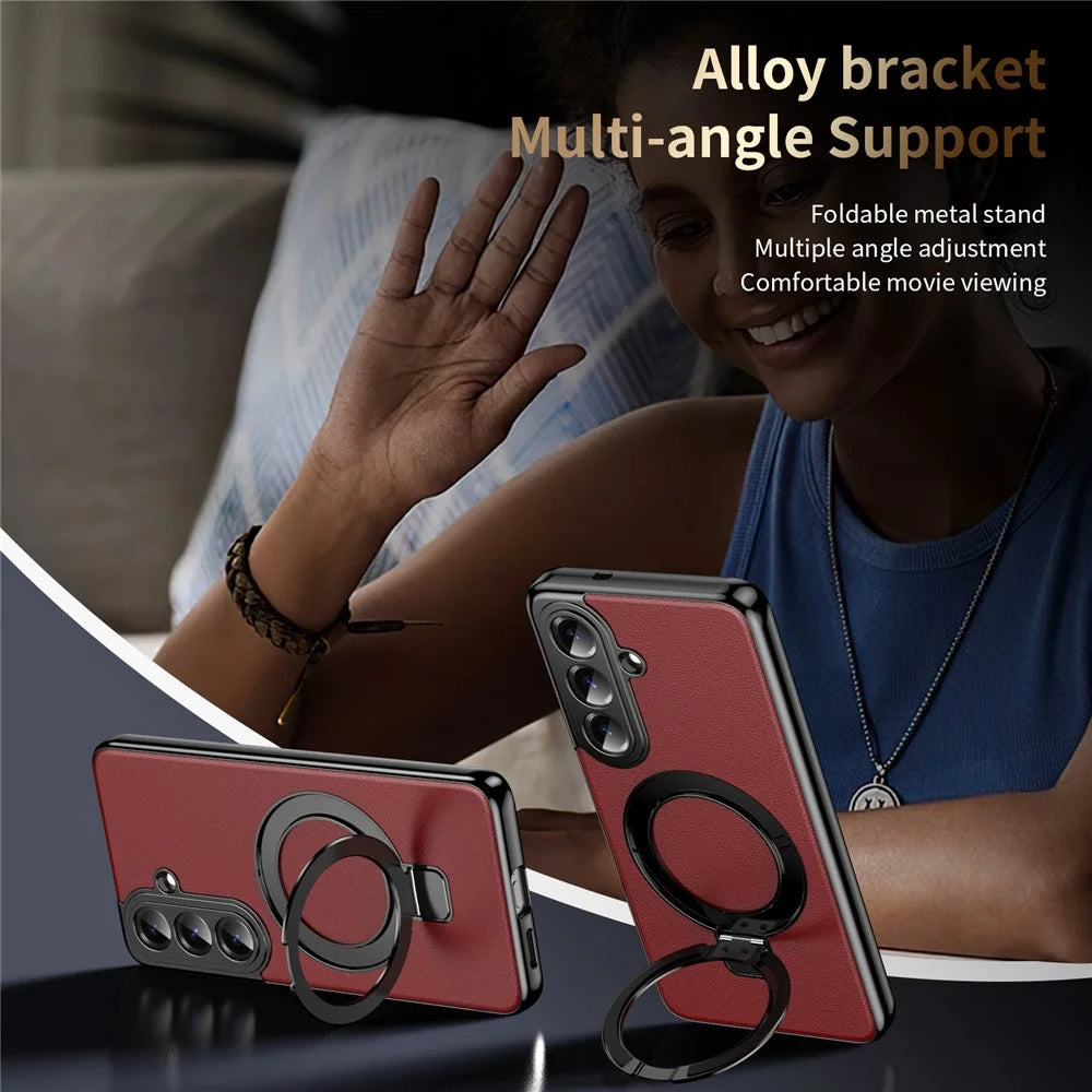 For Samsung Galaxy S26+ Magnetic Case PC PU Leather Cover with 360° Rotating Kickstand + Tempered Glass Screen Protector - Red - 2