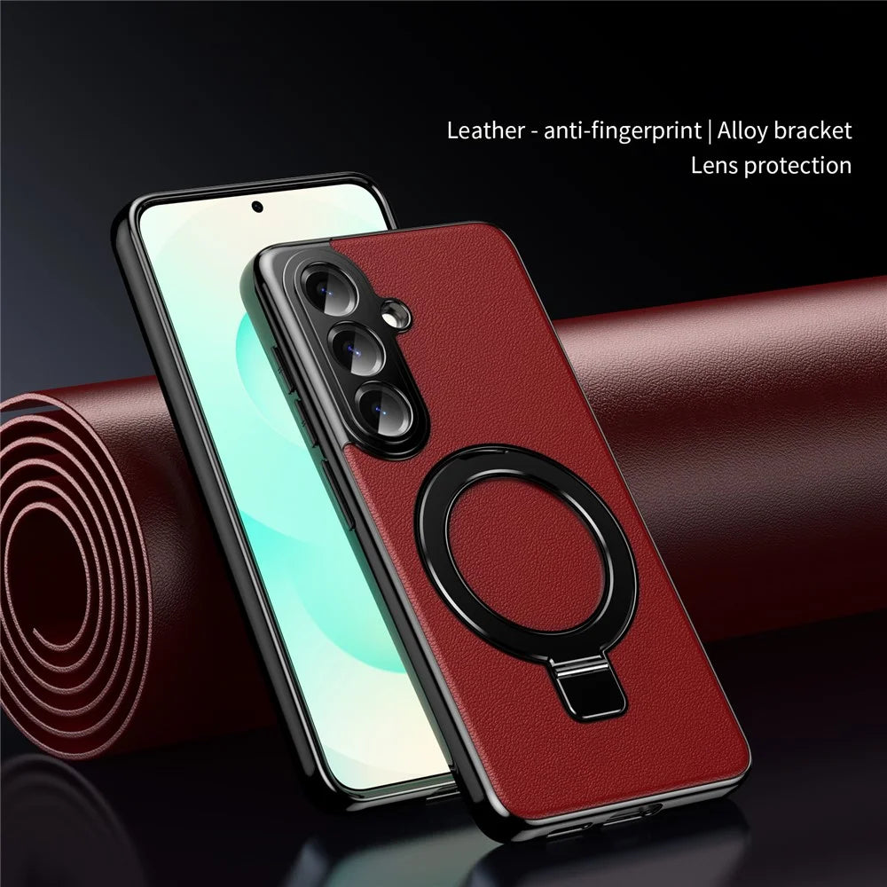 For Samsung Galaxy S26+ Magnetic Case PC PU Leather Cover with 360° Rotating Kickstand + Tempered Glass Screen Protector - Red - 3