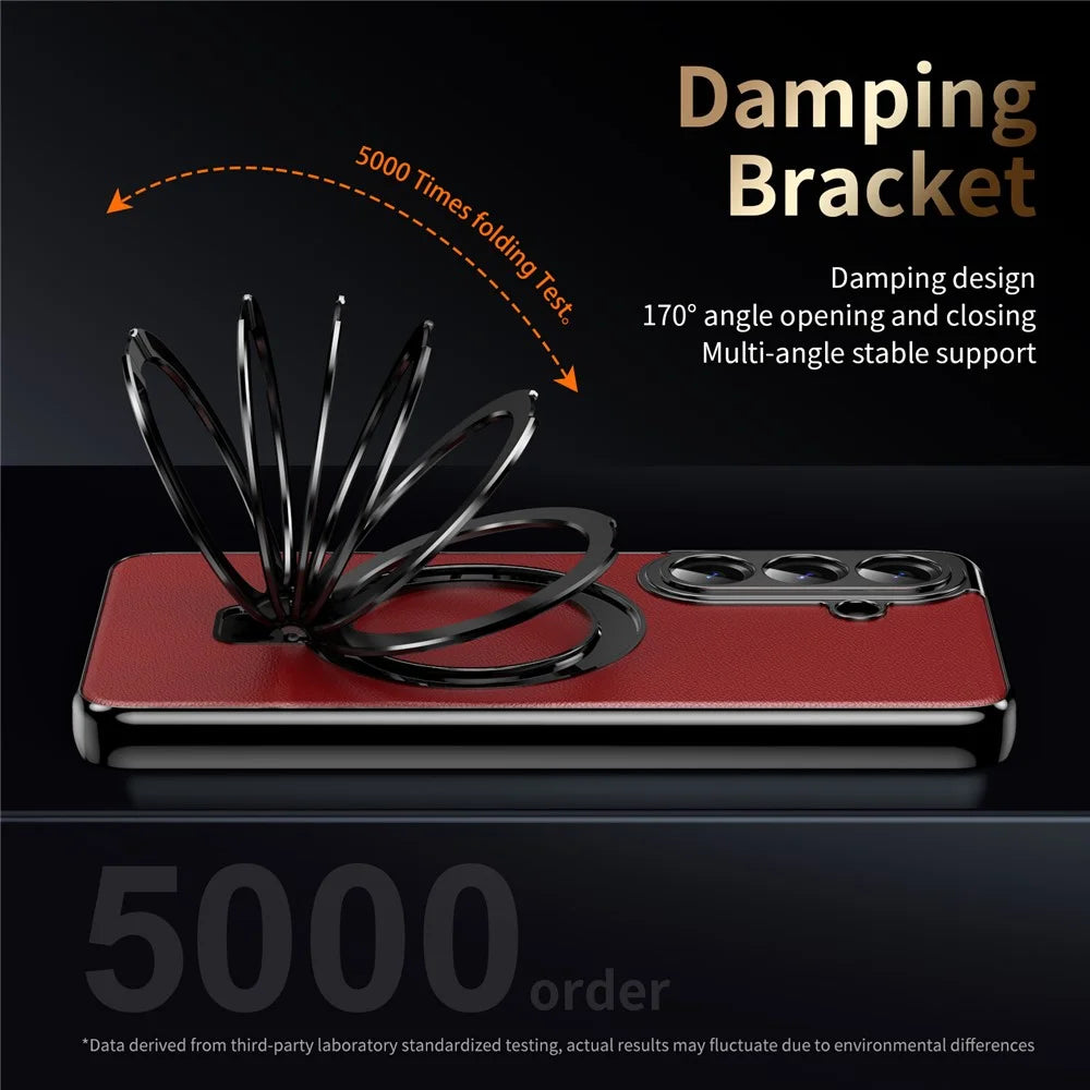 For Samsung Galaxy S26+ Magnetic Case PC PU Leather Cover with 360° Rotating Kickstand + Tempered Glass Screen Protector - Red - 4