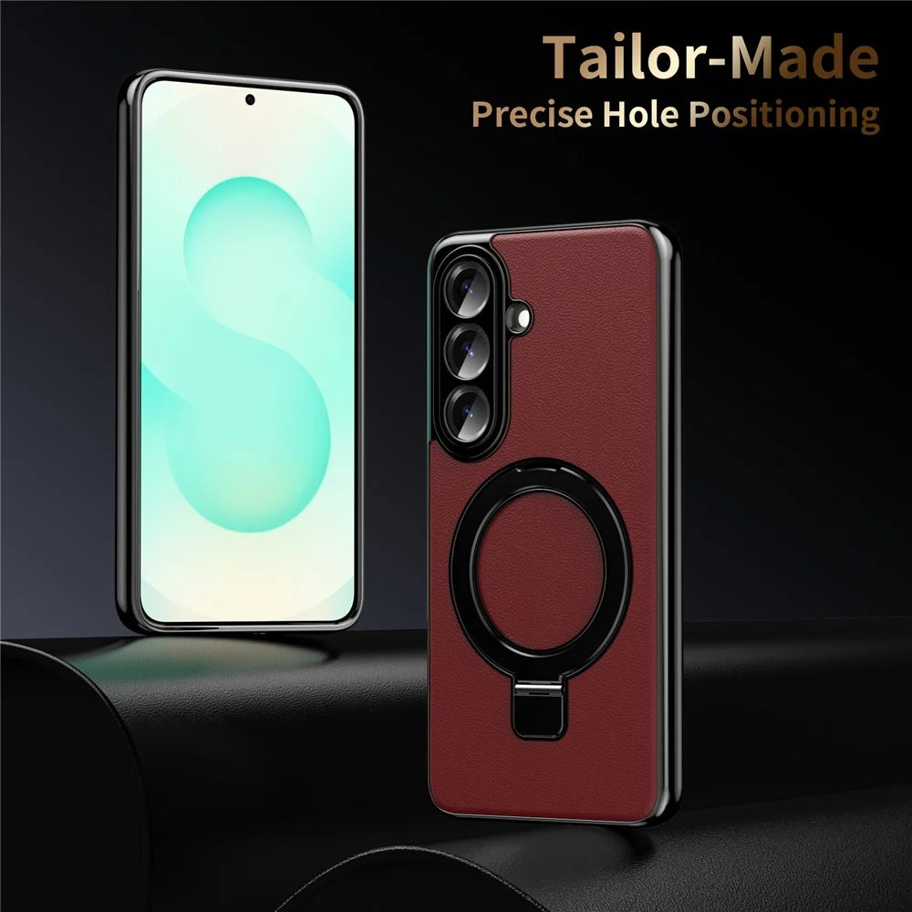 For Samsung Galaxy S26+ Magnetic Case PC PU Leather Cover with 360° Rotating Kickstand + Tempered Glass Screen Protector - Red - 5
