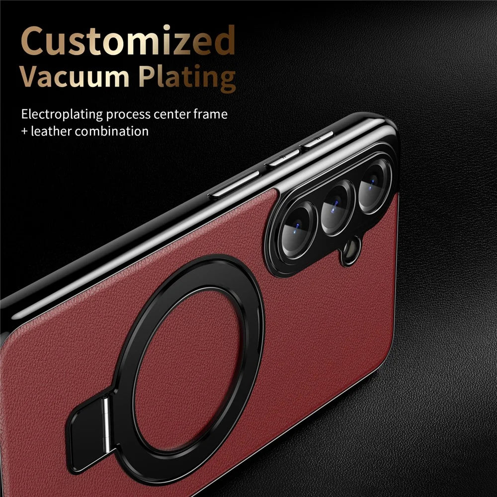 For Samsung Galaxy S26+ Magnetic Case PC PU Leather Cover with 360° Rotating Kickstand + Tempered Glass Screen Protector - Red - 6