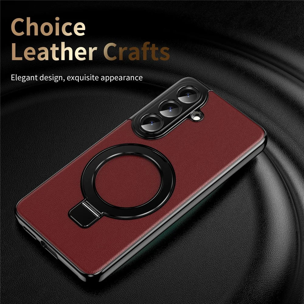 For Samsung Galaxy S26+ Magnetic Case PC PU Leather Cover with 360° Rotating Kickstand + Tempered Glass Screen Protector - Red - 7
