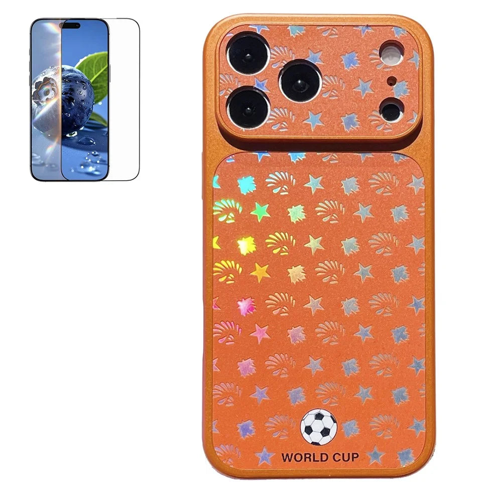 For iPhone 17 Pro Magnetic Case Holographic Laser Cover with Tempered Glass Screen Protector - Orange - 1