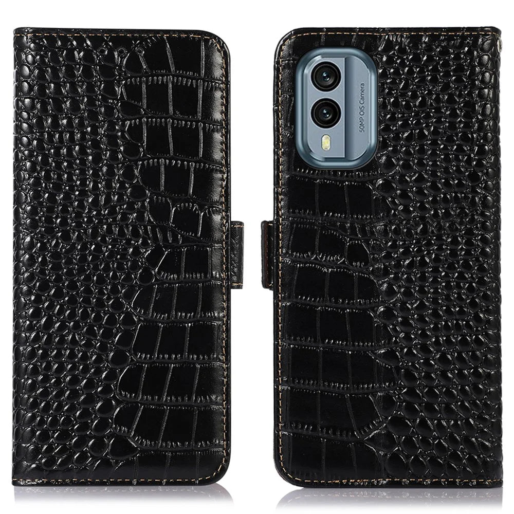 For Nokia X30 5G RFID Blocking Protection Wallet Case Crocodile Texture Genuine Cowhide Leather Flip Stand Phone Cover - Black - 1