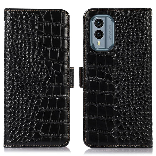 For Nokia X30 5G RFID Blocking Protection Wallet Case Crocodile Texture Genuine Cowhide Leather Flip Stand Phone Cover - Black - 1