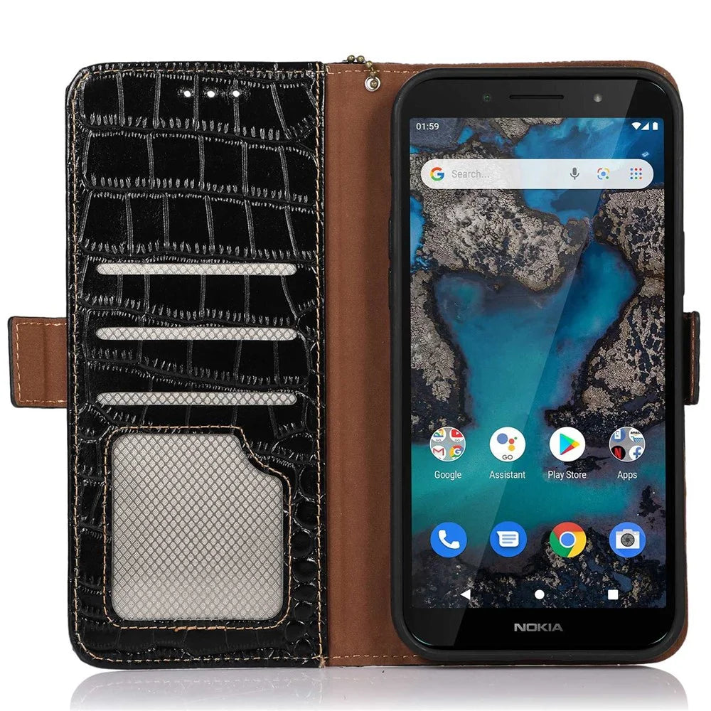 For Nokia X30 5G RFID Blocking Protection Wallet Case Crocodile Texture Genuine Cowhide Leather Flip Stand Phone Cover - Black - 2