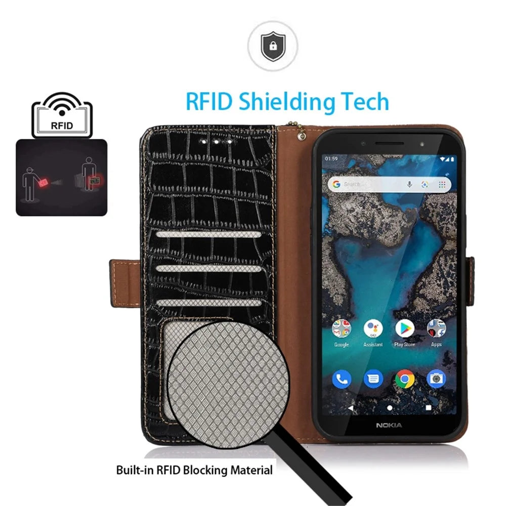 For Nokia X30 5G RFID Blocking Protection Wallet Case Crocodile Texture Genuine Cowhide Leather Flip Stand Phone Cover - Black - 5