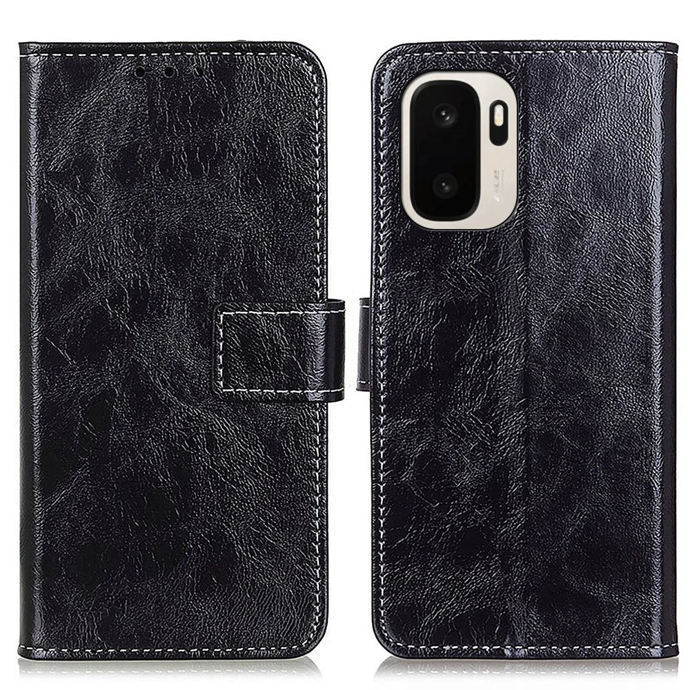 For OnePlus Ace 6 Ultra 5G Case Wallet Leather Phone Cover Crazy Horse Texture - Black - 1