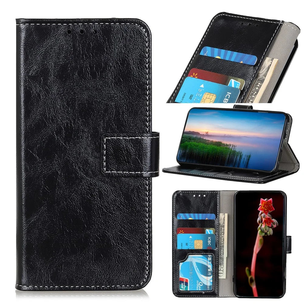 For OnePlus Ace 6 Ultra 5G Case Wallet Leather Phone Cover Crazy Horse Texture - Black - 6
