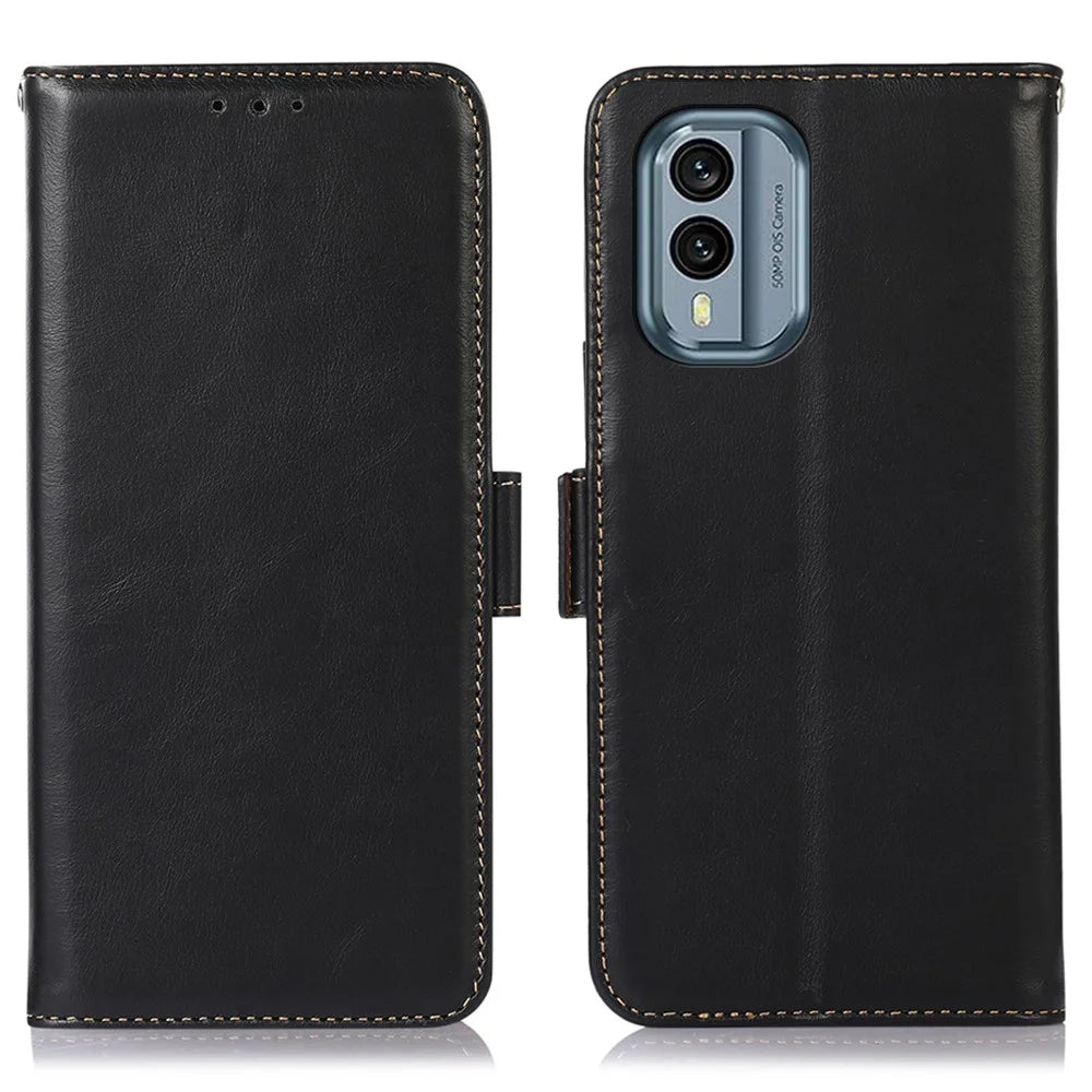 For Nokia X30 5G Crazy Horse Texture RFID Blocking Wallet Case Genuine Cowhide Leather Stand Magnetic Clasp Shockproof Phone Cover - Black - 1