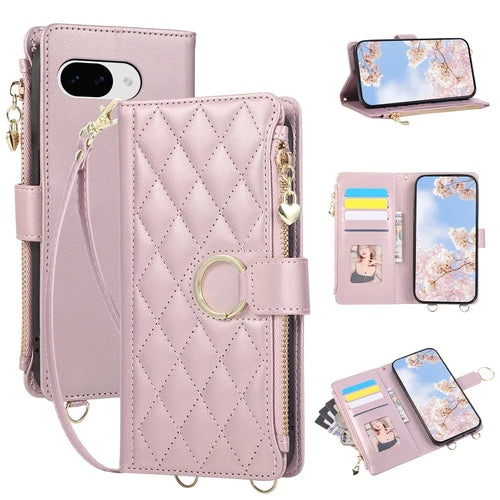 For Google Pixel 10a Case Magnetic Ring Buckle Zipper Pocket Rhombic Leather Phone Cover with Wrist Strap - Pink - 1