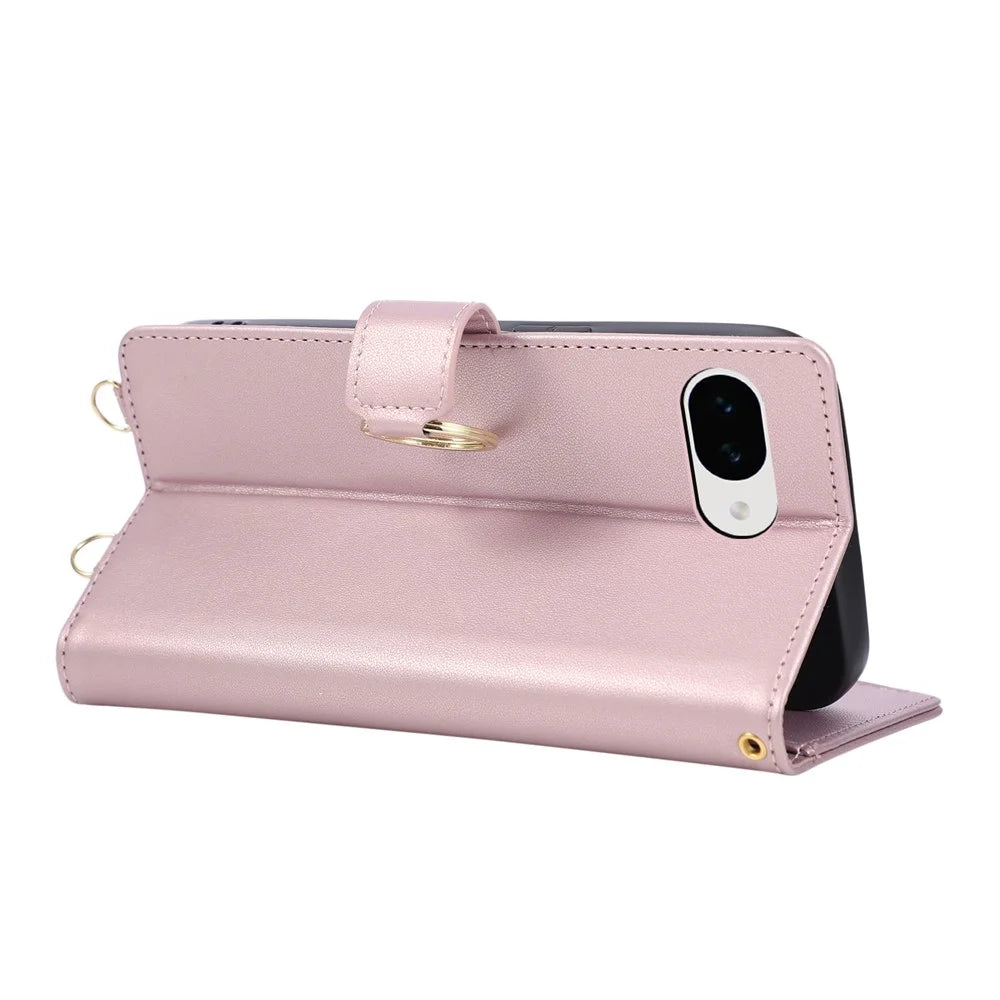 For Google Pixel 10a Case Magnetic Ring Buckle Zipper Pocket Rhombic Leather Phone Cover with Wrist Strap - Pink - 4