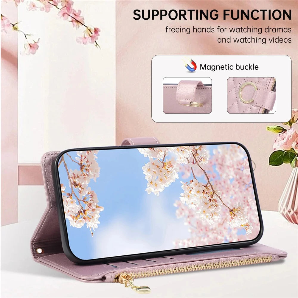 For Google Pixel 10a Case Magnetic Ring Buckle Zipper Pocket Rhombic Leather Phone Cover with Wrist Strap - Pink - 7