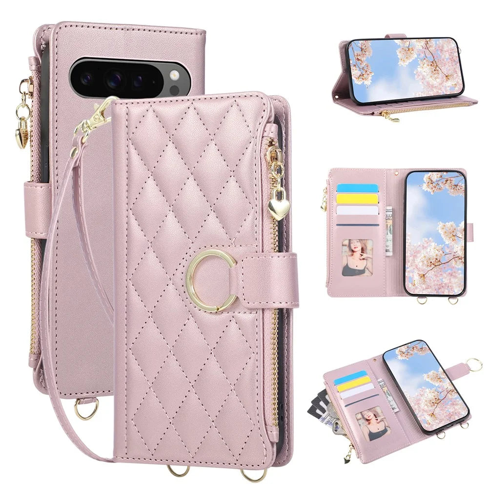 For Google Pixel 10 / Pixel 10 Pro Case Magnetic Ring Buckle Zipper Pocket Rhombic Leather Phone Cover with Wrist Strap - Pink - 1