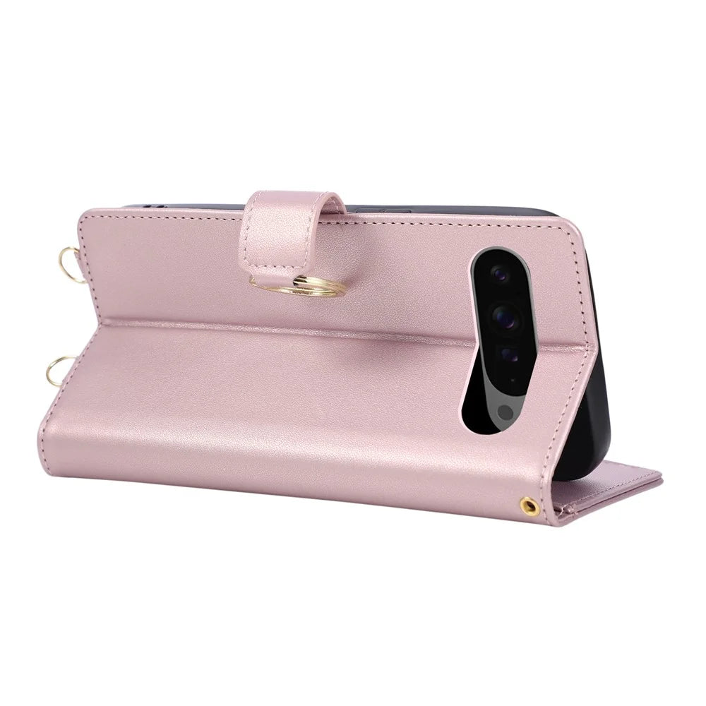 For Google Pixel 10 Pro XL Case Magnetic Ring Buckle Zipper Pocket Rhombic Leather Phone Cover with Wrist Strap - Pink - 4