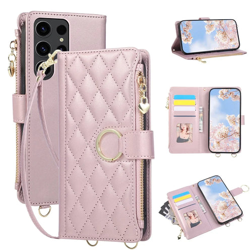 For Samsung Galaxy S26 Ultra Case Magnetic Ring Buckle Zipper Pocket Rhombic Leather Phone Cover with Wrist Strap - Pink - 1