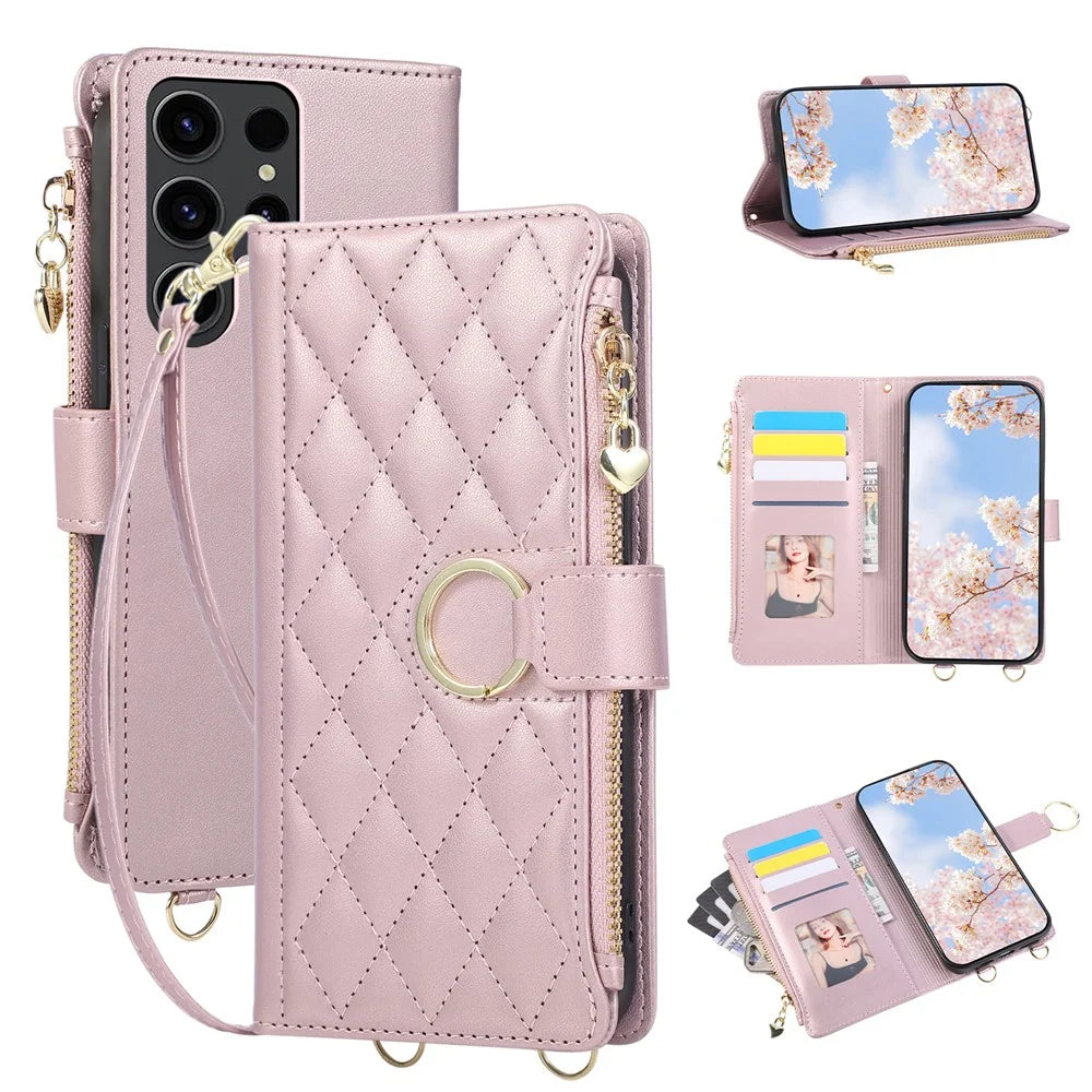 For Samsung Galaxy S25 Ultra Case Magnetic Ring Buckle Zipper Pocket Rhombic Leather Phone Cover with Wrist Strap - Pink - 1