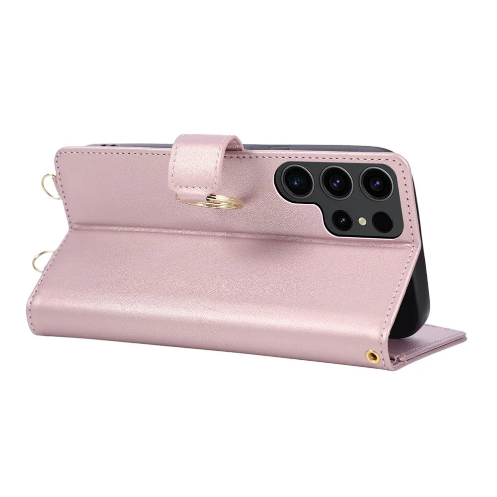 For Samsung Galaxy S25 Ultra Case Magnetic Ring Buckle Zipper Pocket Rhombic Leather Phone Cover with Wrist Strap - Pink - 4