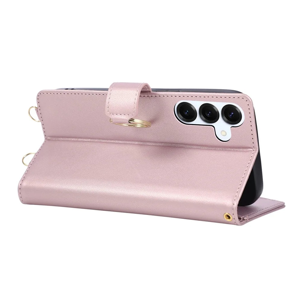 For Samsung Galaxy A37 5G Case Magnetic Ring Buckle Zipper Pocket Rhombic Leather Phone Cover with Wrist Strap - Pink - 4
