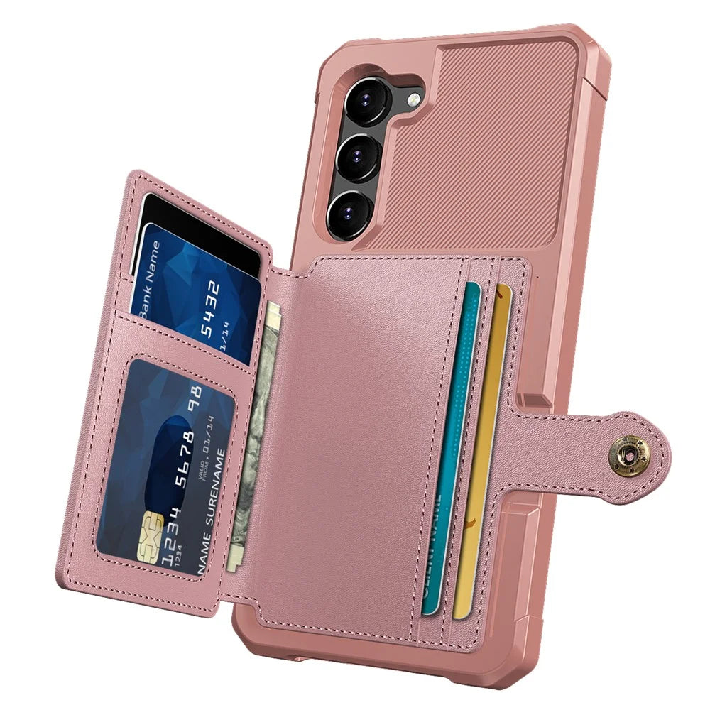 ZM03 Kickstand Card Holder Phone Case for Samsung Galaxy S23, PU Leather Coated TPU Protective Cover Fits Magnetic Car Mount - Pink - 3