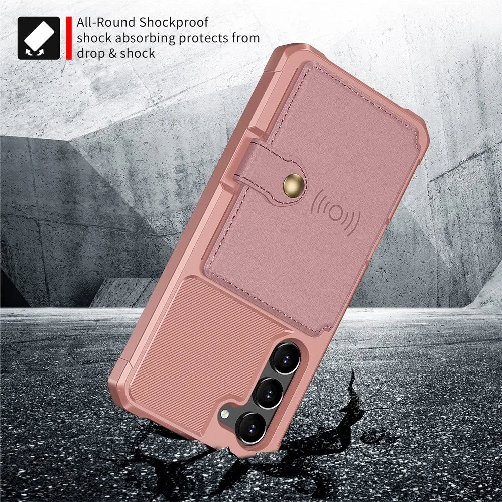 ZM03 Kickstand Card Holder Phone Case for Samsung Galaxy S23, PU Leather Coated TPU Protective Cover Fits Magnetic Car Mount - Pink - 4