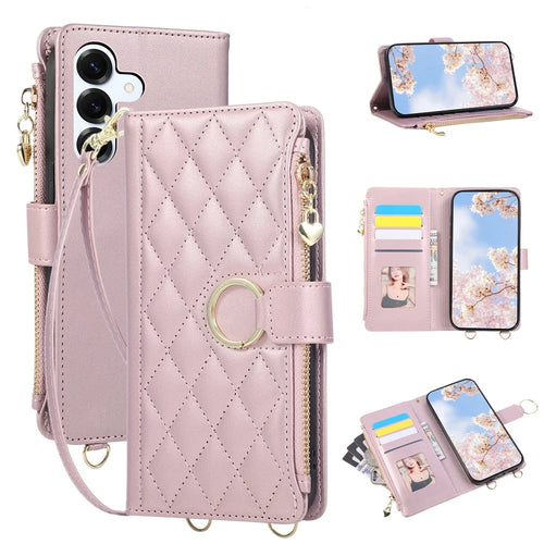 For Samsung Galaxy A18 5G / A18 4G / A17 5G / A17 4G Case Magnetic Ring Buckle Zipper Pocket Rhombic Leather Phone Cover with Wrist Strap - Pink - 1