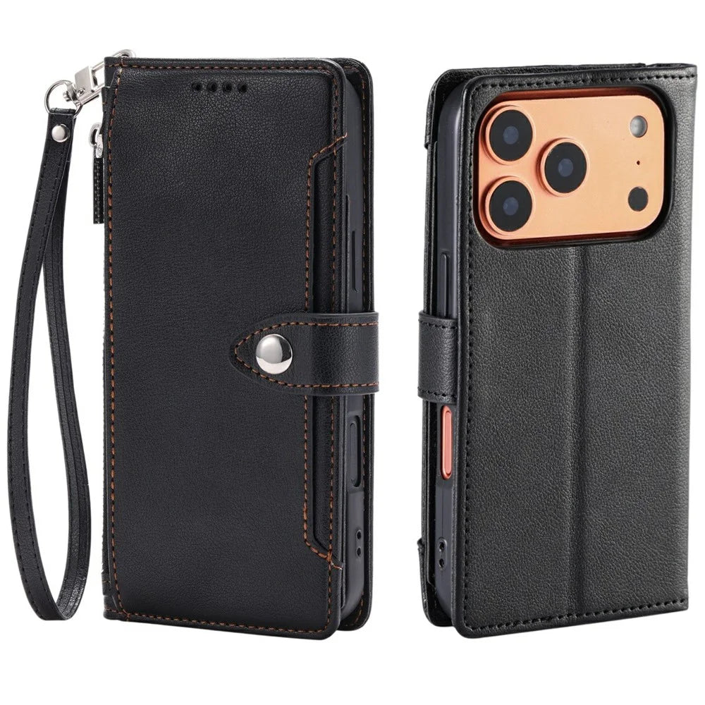 Wallet Case for iPhone 18 Pro / 17 Pro Litchi Texture Zipper Pocket Stand Leather Flip Phone Cover with Wrist Strap - Black - 1