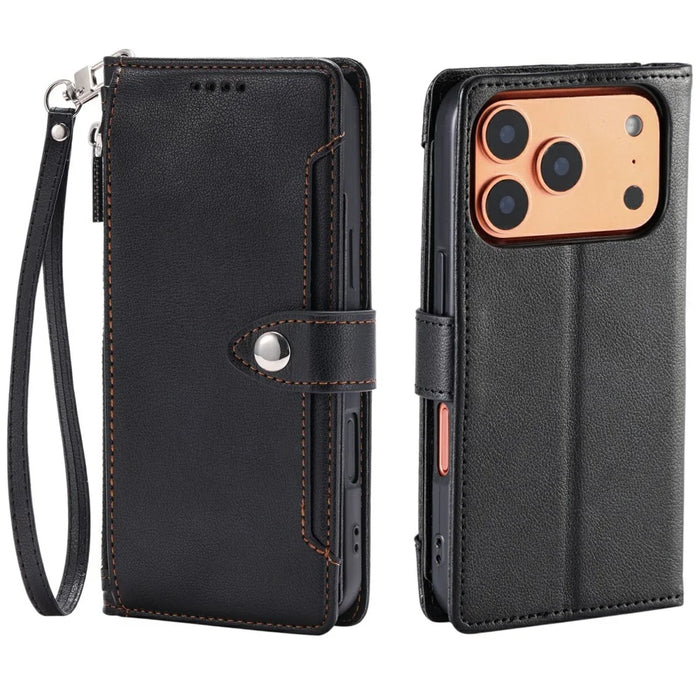 Wallet Case for iPhone 18 Pro / 17 Pro Litchi Texture Zipper Pocket Stand Leather Flip Phone Cover with Wrist Strap - Black - 1