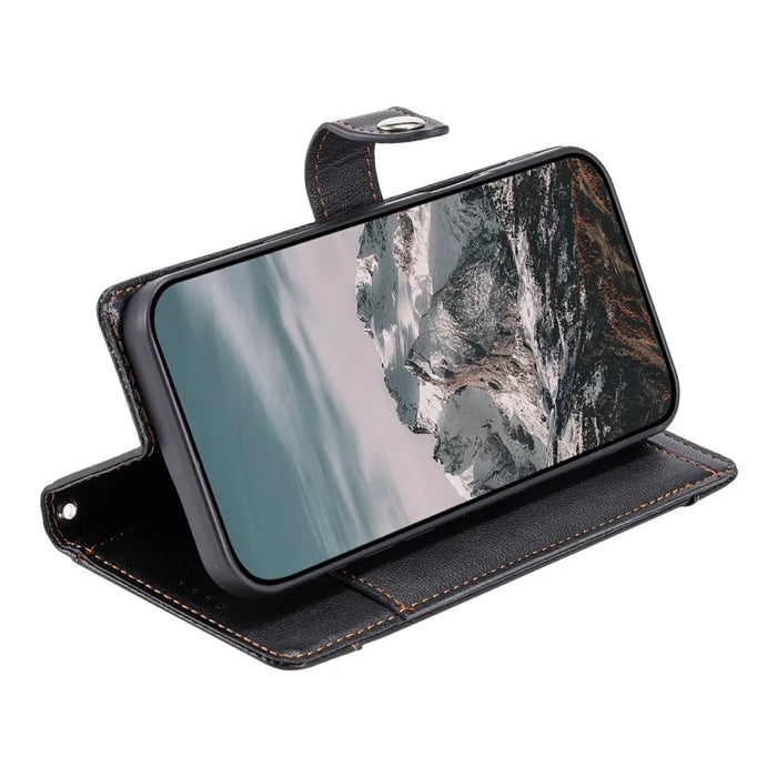 Wallet Case for iPhone 18 Pro / 17 Pro Litchi Texture Zipper Pocket Stand Leather Flip Phone Cover with Wrist Strap - Black - 3
