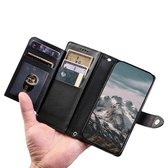 Wallet Case for iPhone 18 Pro / 17 Pro Litchi Texture Zipper Pocket Stand Leather Flip Phone Cover with Wrist Strap - Black - 5
