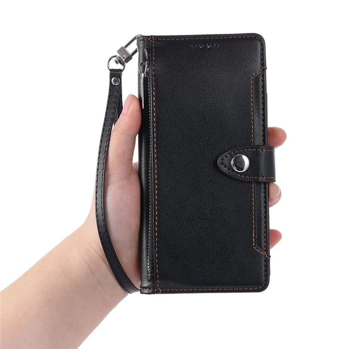 Wallet Case for iPhone 18 Pro / 17 Pro Litchi Texture Zipper Pocket Stand Leather Flip Phone Cover with Wrist Strap - Black - 6