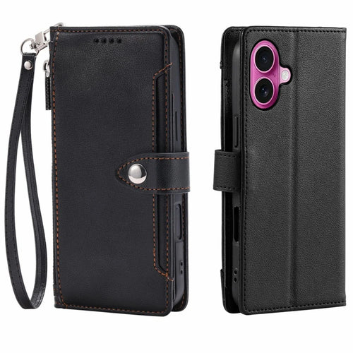 Wallet Case for iPhone 17 Litchi Texture Zipper Pocket Stand Leather Flip Phone Cover with Wrist Strap - Black - 1