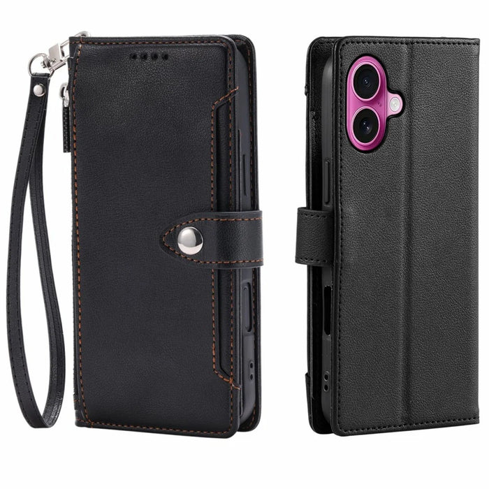 Wallet Case for iPhone 17 Litchi Texture Zipper Pocket Stand Leather Flip Phone Cover with Wrist Strap - Black - 1