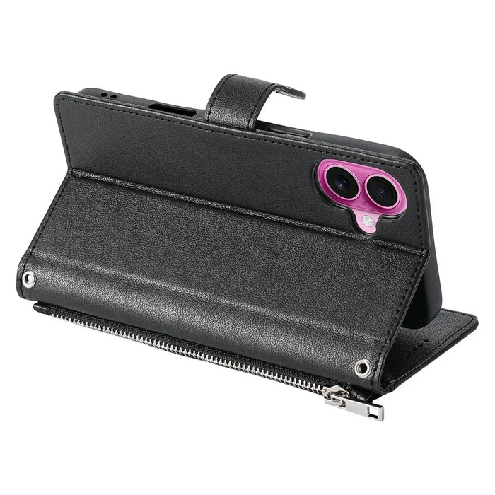 Wallet Case for iPhone 17 Litchi Texture Zipper Pocket Stand Leather Flip Phone Cover with Wrist Strap - Black - 4