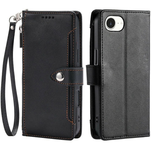 Wallet Case for iPhone 16e  /  17e Litchi Texture Zipper Pocket Stand Leather Flip Phone Cover with Wrist Strap - Black - 1