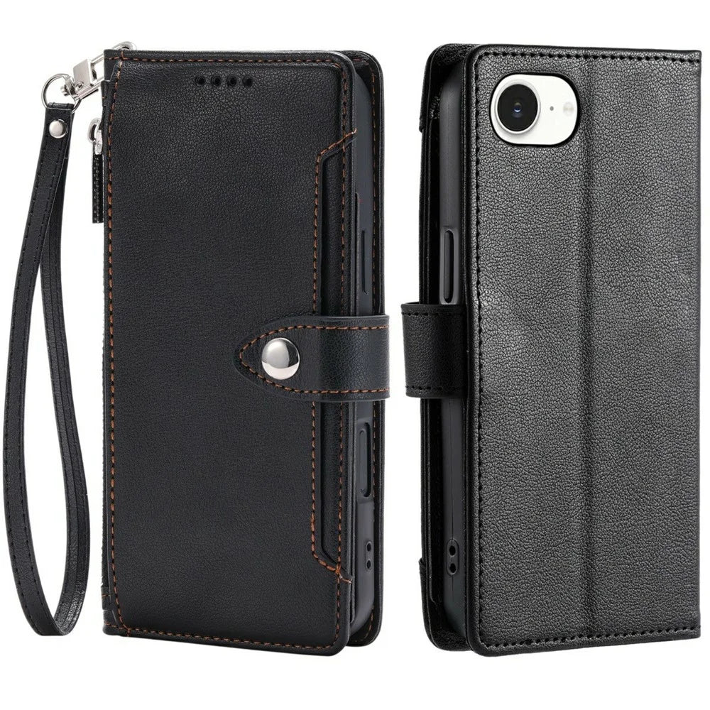Wallet Case for iPhone 16e  /  17e Litchi Texture Zipper Pocket Stand Leather Flip Phone Cover with Wrist Strap - Black - 1