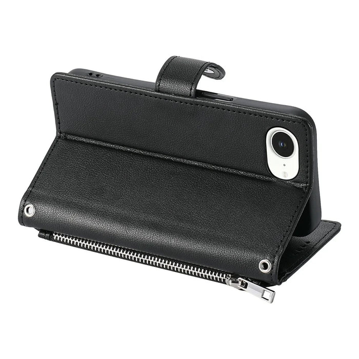 Wallet Case for iPhone 16e  /  17e Litchi Texture Zipper Pocket Stand Leather Flip Phone Cover with Wrist Strap - Black - 4