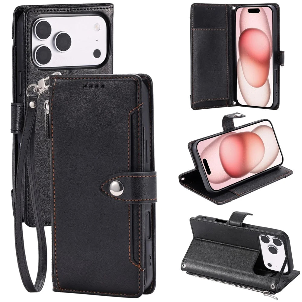 Wallet Case for iPhone 18 Pro Max / 17 Pro Max Litchi Texture Zipper Pocket Stand Leather Flip Phone Cover with Wrist Strap - Black - 1