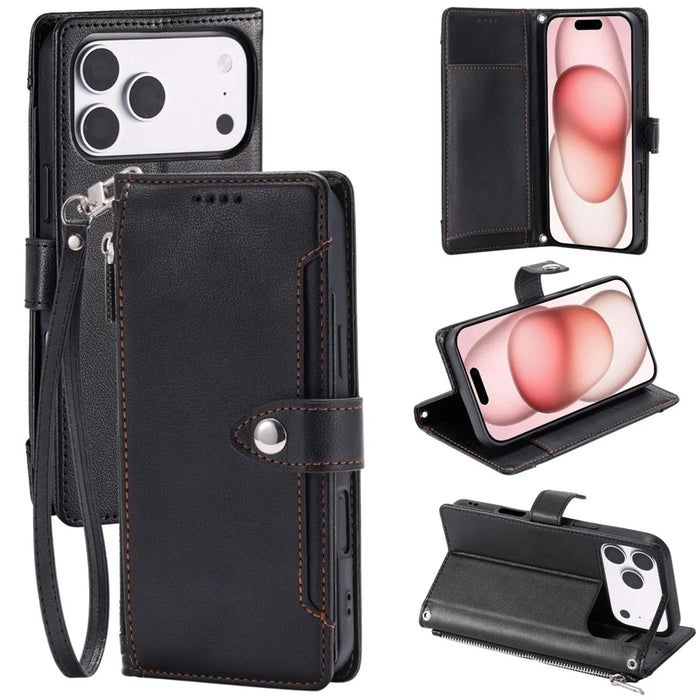Wallet Case for iPhone 18 Pro Max / 17 Pro Max Litchi Texture Zipper Pocket Stand Leather Flip Phone Cover with Wrist Strap - Black - 1