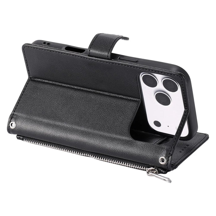 Wallet Case for iPhone 18 Pro Max / 17 Pro Max Litchi Texture Zipper Pocket Stand Leather Flip Phone Cover with Wrist Strap - Black - 4