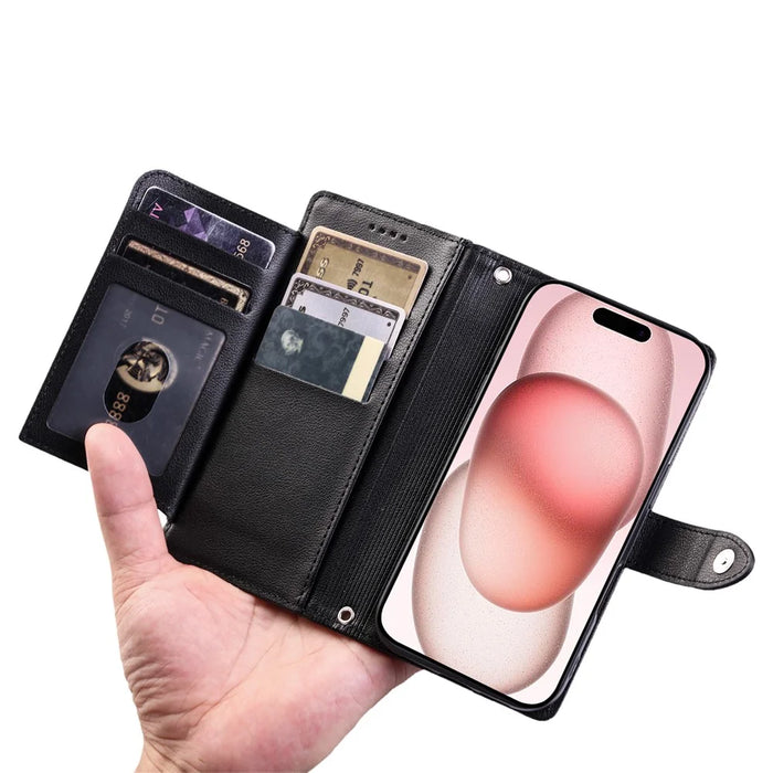 Wallet Case for iPhone 18 Pro Max / 17 Pro Max Litchi Texture Zipper Pocket Stand Leather Flip Phone Cover with Wrist Strap - Black - 5