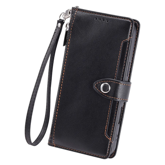 Wallet Case for iPhone 18 Pro Max / 17 Pro Max Litchi Texture Zipper Pocket Stand Leather Flip Phone Cover with Wrist Strap - Black - 6