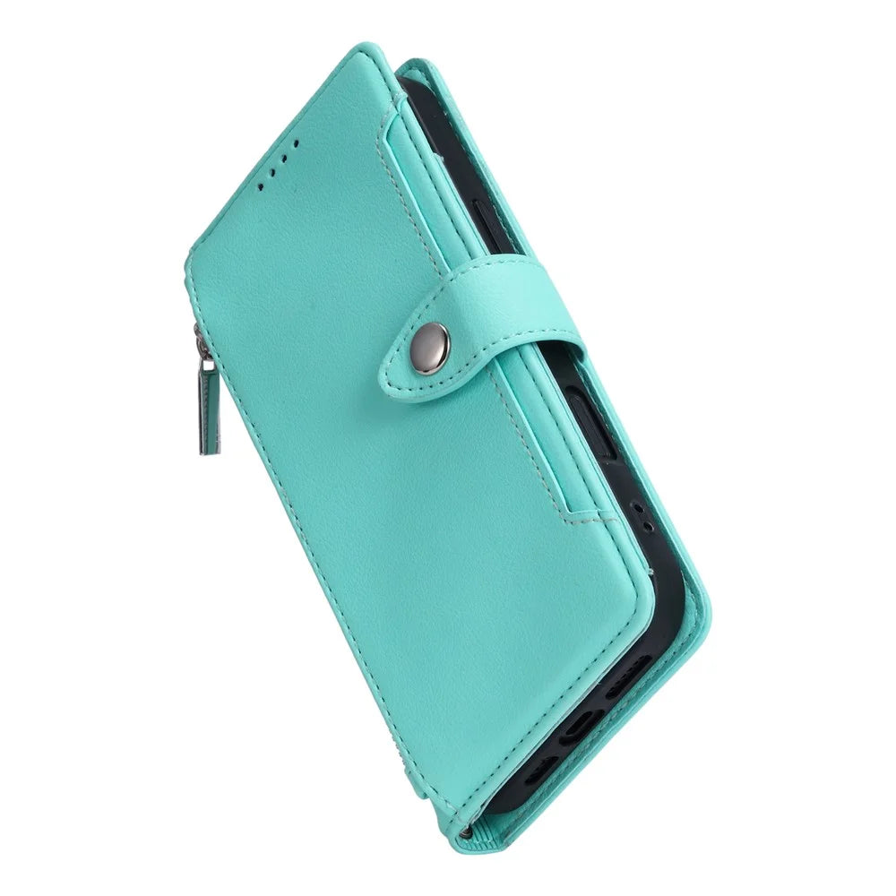 Wallet Case for Google Pixel 9  /  9 Pro  /  10  /  10 Pro Litchi Texture Zipper Pocket Stand Leather Flip Phone Cover with Wrist Strap - Mint Green - 7
