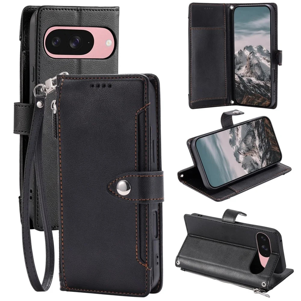 Wallet Case for Google Pixel 9 Pro XL  /  10 Pro XL Litchi Texture Zipper Pocket Stand Leather Flip Phone Cover with Wrist Strap - Black - 1