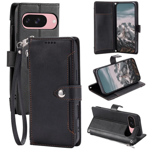 Wallet Case for Google Pixel 9 Pro XL  /  10 Pro XL Litchi Texture Zipper Pocket Stand Leather Flip Phone Cover with Wrist Strap - Black - 1